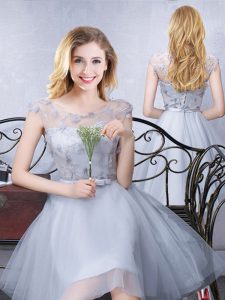 Colorful Grey Lace Up Scoop Lace and Appliques and Belt Quinceanera Dama Dress Tulle Cap Sleeves