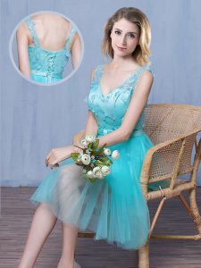 V-neck Sleeveless Tulle Vestidos de Damas Lace and Appliques and Bowknot Lace Up