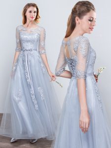 Smart Short Sleeves Grey Tulle Lace Up Scoop Half Sleeves Floor Length Quinceanera Court Dresses Appliques and Belt