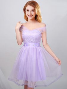 Off the Shoulder Short Sleeves Tulle Mini Length Lace Up Court Dresses for Sweet 16 in Lavender with Lace and Appliques and Belt