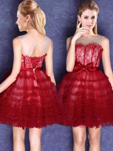 Wine Red Ball Gowns Scoop Sleeveless Tulle Mini Length Lace Up Lace and Bowknot Vestidos de Damas