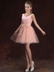 Edgy Peach Tulle and Lace Lace Up V-neck Sleeveless Mini Length Vestidos de Damas Lace and Bowknot
