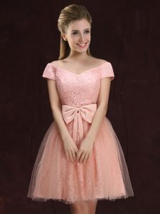 Sophisticated Peach Off The Shoulder Neckline Lace and Bowknot Quinceanera Court Dresses Short Sleeves Lace Up
