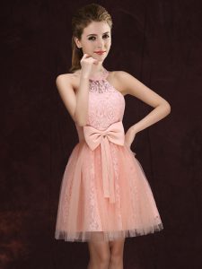 Trendy Peach A-line Tulle and Lace Halter Top Sleeveless Lace and Bowknot Mini Length Lace Up Damas Dress