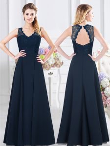 Navy Blue Empire V-neck Sleeveless Chiffon Floor Length Backless Lace and Ruching Quinceanera Dama Dress
