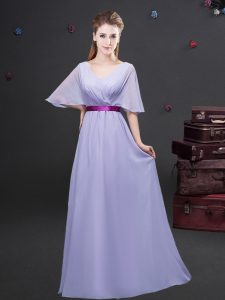 Fabulous Chiffon V-neck Half Sleeves Zipper Ruching and Belt Court Dresses for Sweet 16 in Lavender