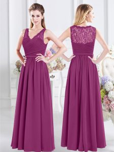 Fantastic Sleeveless Chiffon Floor Length Side Zipper Quinceanera Court of Honor Dress in Fuchsia with Lace and Ruching