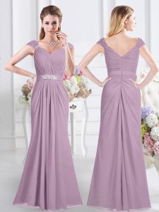 High Class Cap Sleeves Floor Length Beading and Ruching Zipper Quinceanera Court Dresses with Lavender