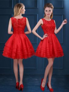 Hot Selling Scoop Red Zipper Quinceanera Dama Dress Lace and Ruffled Layers Sleeveless Mini Length