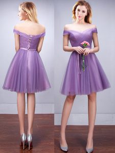 Cute Off the Shoulder Knee Length A-line Sleeveless Lavender Quinceanera Dama Dress Lace Up