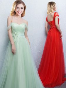 Off the Shoulder Appliques and Ruching Quinceanera Court Dresses Apple Green Lace Up Sleeveless With Brush Train