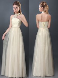 Fitting Tulle Halter Top Sleeveless Lace Up Lace and Appliques Court Dresses for Sweet 16 in Champagne