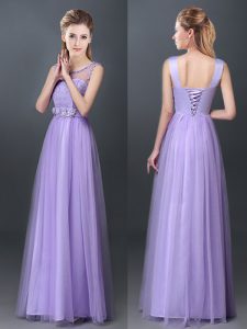 Amazing Scoop Floor Length Empire Sleeveless Lavender Dama Dress for Quinceanera Lace Up