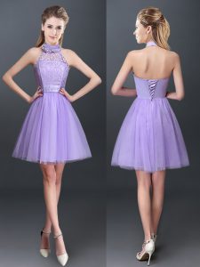 Fantastic Halter Top Sleeveless Mini Length Lace and Appliques Lace Up Quinceanera Dama Dress with Lavender