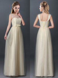 Classical Scoop Champagne Lace Up Court Dresses for Sweet 16 Lace and Hand Made Flower Sleeveless Floor Length