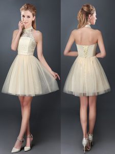 Best Selling Halter Top Champagne Sleeveless Mini Length Lace and Appliques Lace Up Quinceanera Court of Honor Dress