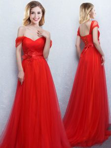 Adorable Off The Shoulder Sleeveless Tulle Court Dresses for Sweet 16 Appliques and Ruching Brush Train Lace Up