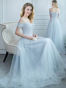 Lovely Off the Shoulder Tulle Cap Sleeves Floor Length Court Dresses for Sweet 16 and Beading and Appliques