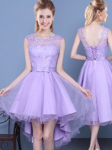 Lavender A-line Scoop Sleeveless Organza Mini Length Lace Up Lace Court Dresses for Sweet 16