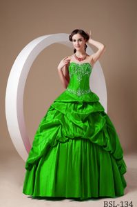 New Green Sweetheart Taffeta Appliqued Quinceanera Dresses with Pick-ups
