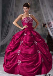 Strapless Taffeta Quinceanera Dress with Appliques and Pick-ups for Cheap