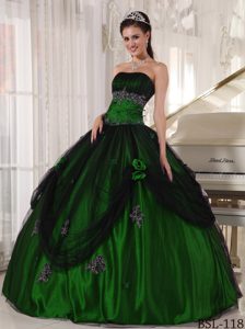 Green Strapless Tulle and Taffeta Beaded Quinceanera Dress with Appliques
