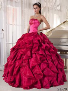 Hot Pink Strapless Satin and Organza Beaded Quinceanera Dress with Ruffles