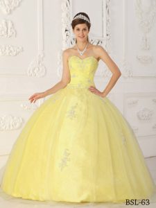 Light Yellow Sweetheart Taffeta and Organza Appliqued Quinceanera Dress