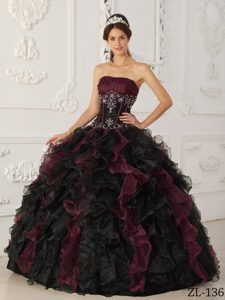 Burgundy and Black Taffeta and Organza Beaded Quinceanera Dress on Sale