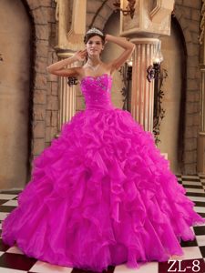 Hot Pink Sweetheart Ruffled Organza Quinceanera Dress for Custom Made