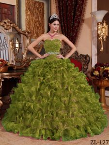 Olive Green Sweetheart Organza Beaded Quinceanera Dresses for Cheap