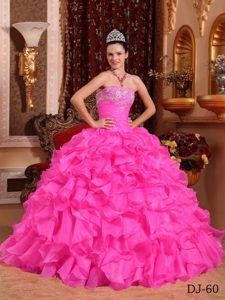 Pink Strapless Organza Beaded and Appliqued Quinceanera Dress in 2013