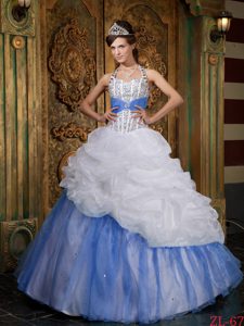 2013 White and Blue Halter Top Beaded Quinceanera Dress with Pick-ups