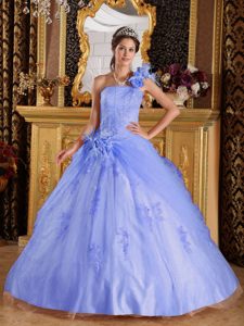 One Shoulder Tulle Quinceanera Dress with Appliques and Hand Made Flower