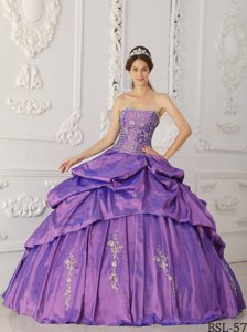 Purple Strapless Taffeta Beaded Quinceanera Dress with Embroidery on Sale
