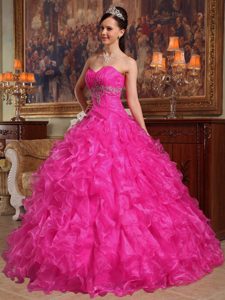 Hot Pink Sweetheart Organza Beaded Quinceanera Dress for Custom Made