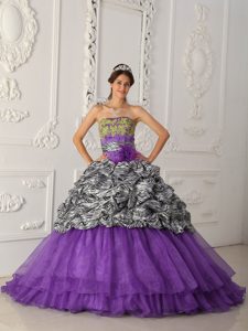 Purple Strapless Zebra and Organza Quinceanera Dresses with Chapel Train