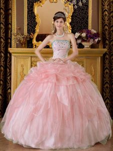 Pink Strapless Organza Beaded Quinceanera Dresses with Pick-ups for Cheap