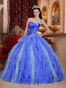 Blue Sweetheart Tulle Beaded Quinceanera Dress with Ruffled Layers on Sale