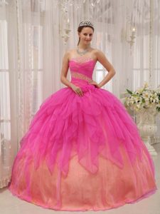 Hot Pink Strapless Organza Beaded and Ruched Sweet 16 Quinceanera Dress