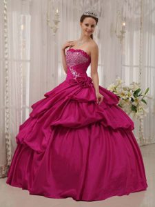 Beaded Straps Hot Pink Taffeta Quinceanera Dress with Pick-ups and Flowers on Sale