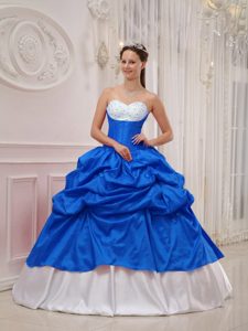 Sweetheart Royal Blue and White Taffeta Quinceanera Dress with Pick-ups and Beading
