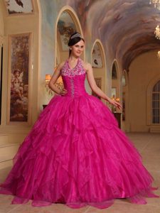 Appliqued Halter Hot Pink Layered Organza Quinceanera Dress with Beading for Cheap