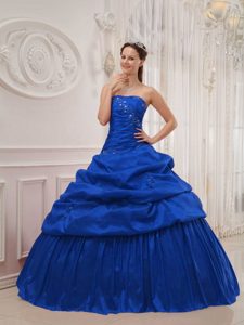 Royal Blue Strapless Taffeta Floor-length Quinceanera Dress with Pick-ups and Beading