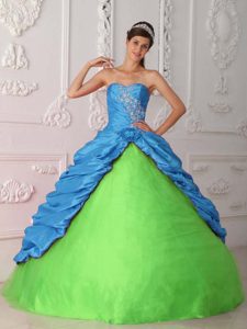 New Blue Taffeta and Green Organza Sweetheart Ruched Sweet 16 Dress with Appliques