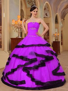 Strapless Fuchsia and Black Organza Beaded Quinceanera Gown Dresses with Ruching