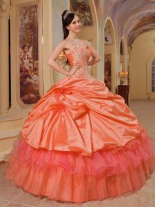 Ruched Appliqued Sweetheart Orange Quinceanera Dresses with Pick-ups and Flowers