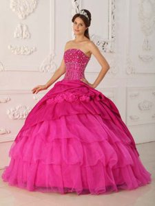Strapless Hot Pink Layered Beaded Taffeta and Organza Dress for Quince with Flowers