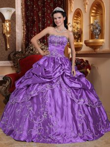 Purple Strapless Taffeta Quinceanera Dress with Embroidery and Pick-ups for Cheap