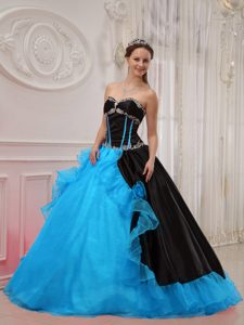 Sky Blue and Black Sweetheart Ball Gown Quinceanera Dress with Beading and Flower